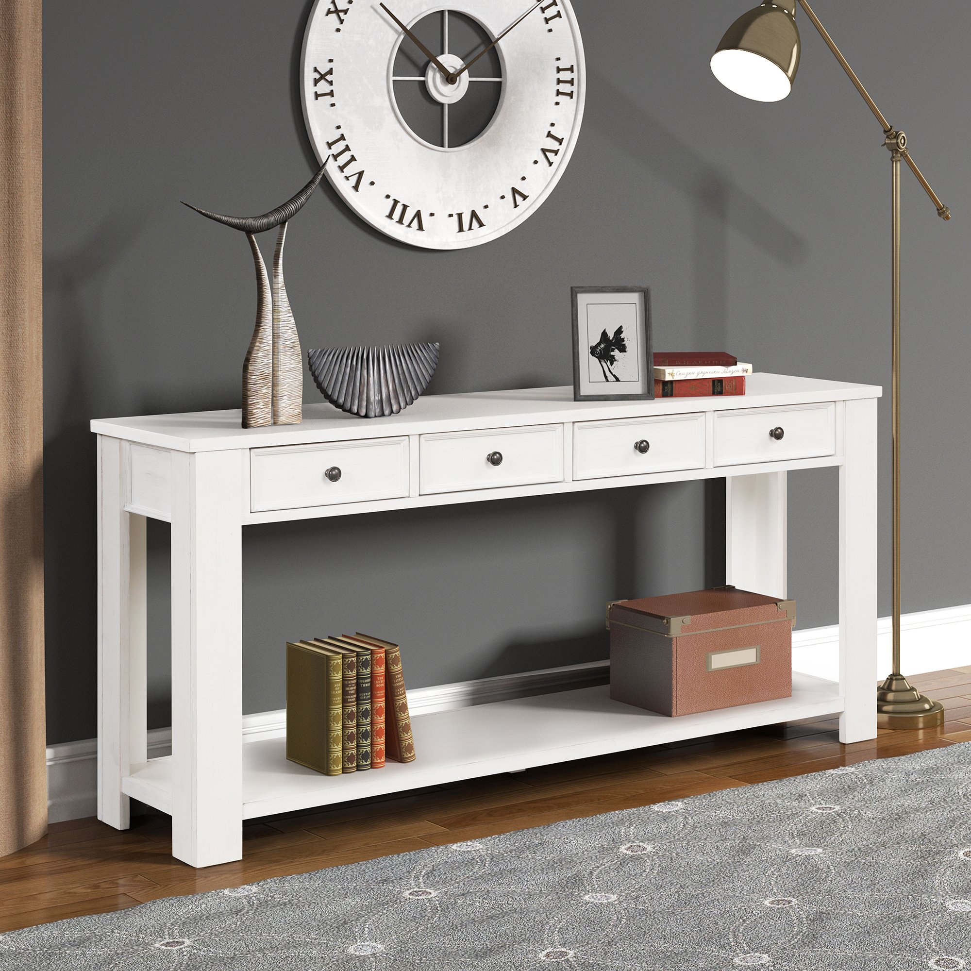 63" Pine Wood Console Table with 4 Drawers and 1 Bottom Shelf for Entryway Hallway Easy Assembly 63 inch Long Sofa Table (Antique White) 63" Pine Wood Console Table with 4 Drawers and 1 Bottom Shelf for Entryway Hallway Easy Assembly 63 inch Long Sofa Table (Antique White)